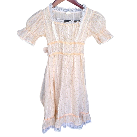 Vintage Girls Prairie Cottagecore Dress Lace Floral Gauze - Picture 2 of 9
